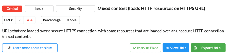Mixed content ujawniony w trakcie audytu w narzędziu Sitebulb